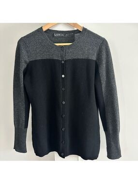 Lonia  Black & Grey Crewneck Lightweight Cashmere Cardigan Womens sz Med